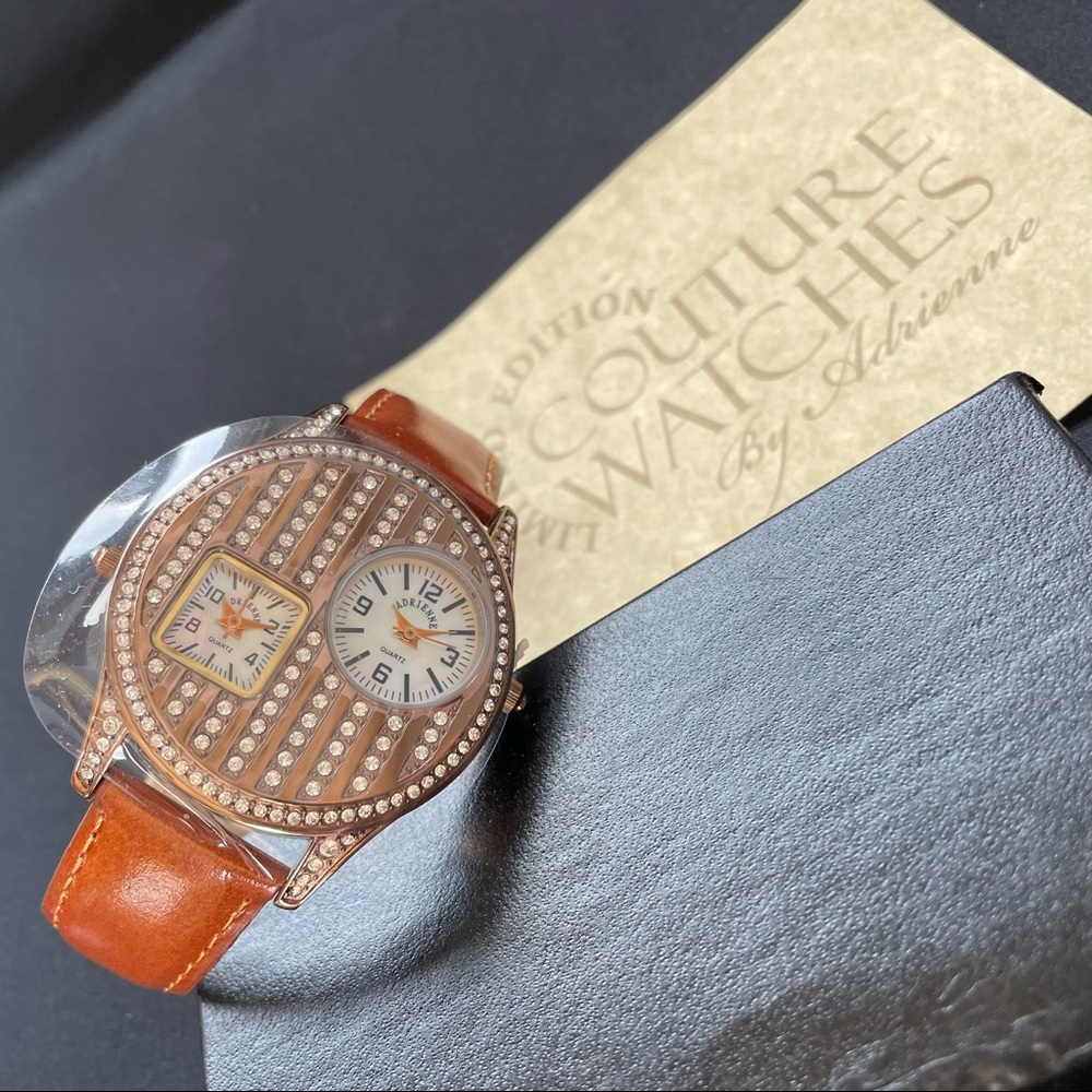 Brown Leather Watch W/ Two Mother of Pearl Dial Crystal Watch